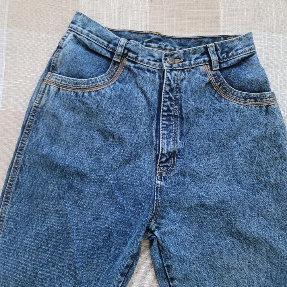 Vintage Western Coastal Cowgirl Alt Leather Trimmed High Rise Denim Mom Jeans - Picture 4 of 14